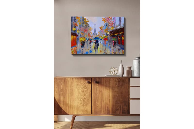 Canvastavla - Regnig gatubild med människor under paraplyer i en stadsmiljö - Gult / Rött / Blått - Inredning - Tavlor & konst - Canvastavlor