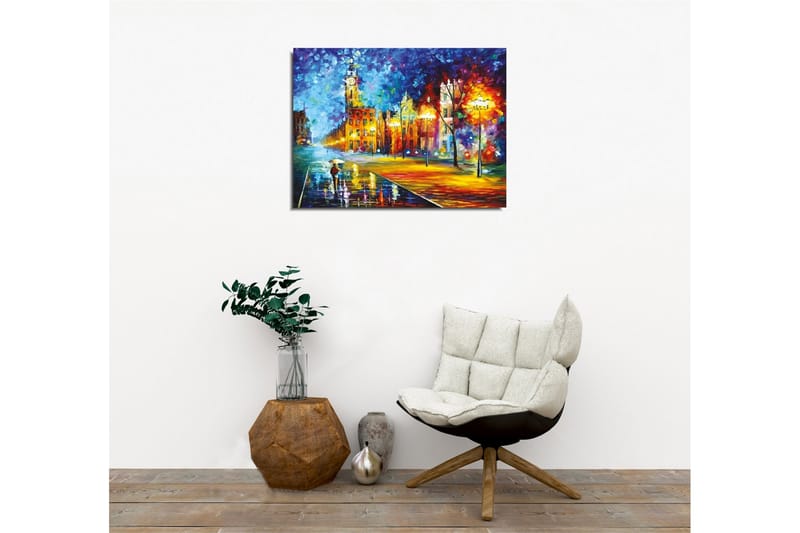 Canvastavla - Regnig stadsbild med en person som bär ett paraply - Blå / Orange / Gul - Inredning - Tavlor & konst - Canvastavlor