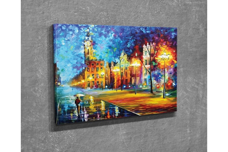 Canvastavla - Regnig stadsbild med en person som bär ett paraply - Blå / Orange / Gul - Inredning - Tavlor & konst - Canvastavlor