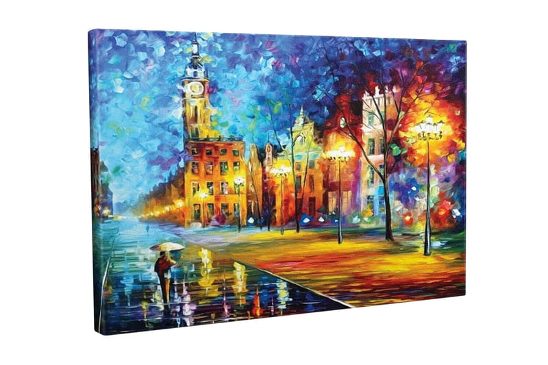 Canvastavla - Regnig stadsbild med en person som bär ett paraply, Blå / Orange / Gul