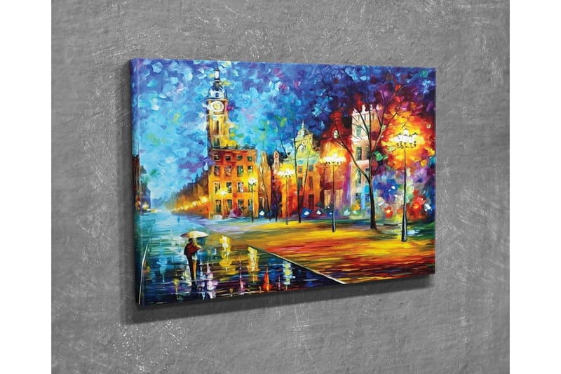 Canvastavla - Regnig stadsbild med en person som bär ett paraply - Blå / Orange / Gul - Inredning - Tavlor & konst - Canvastavlor