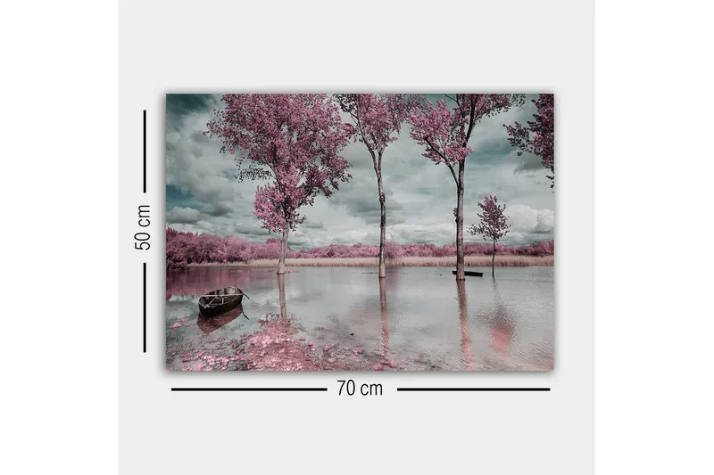 Canvastavla - Rosa träd vid en spegelblanka sjö med en båt i förgrunden - Rosa / Grå / Blå - Inredning - Tavlor & konst - Canvastavlor