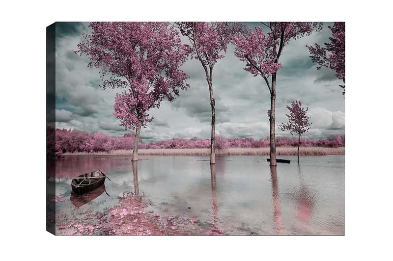 Canvastavla - Rosa träd vid en spegelblanka sjö med en båt i förgrunden, Rosa / Grå / Blå
