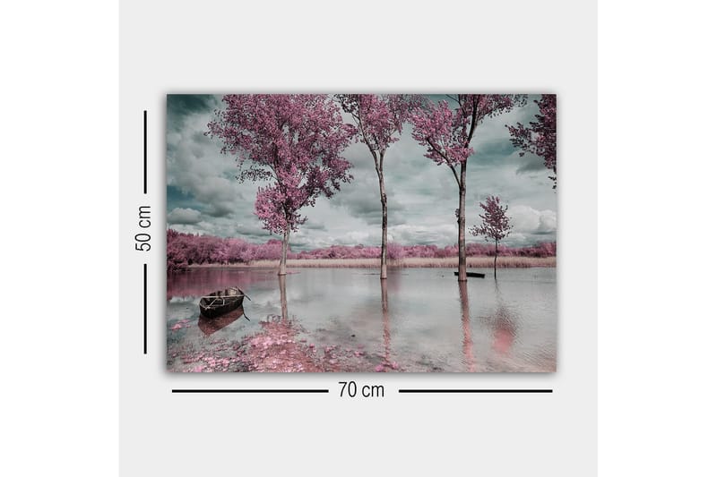 Canvastavla - Rosa träd vid en spegelblanka sjö med en båt i förgrunden - Rosa / Grå / Blå - Inredning - Tavlor & konst - Canvastavlor