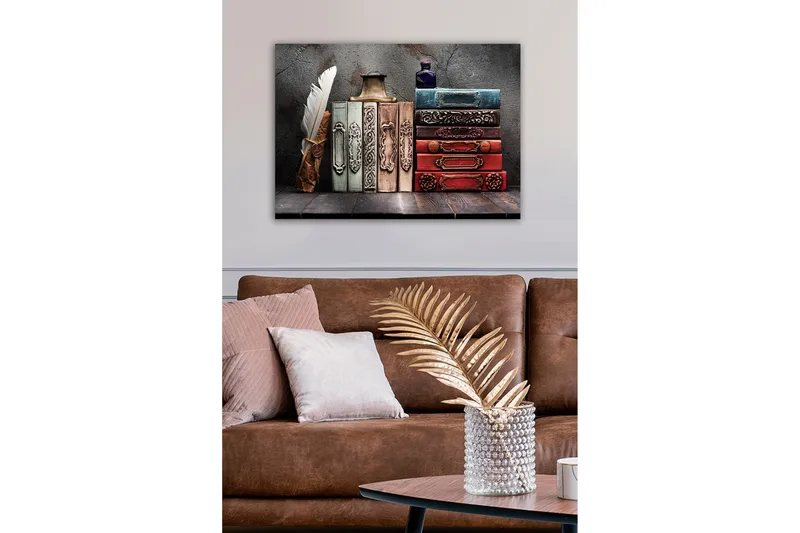 Canvastavla - Samling av antika böcker med dekorativa ryggar och en fjäderpenna - Mörkröd / Grön / Blå - Inredning - Tavlor & konst - Canvastavlor