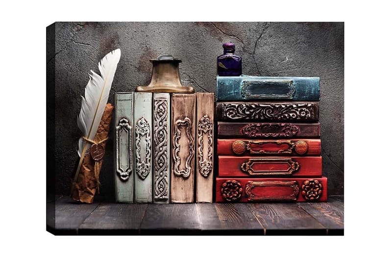 Canvastavla - Samling av antika böcker med dekorativa ryggar och en fjäderpenna, Mörkröd / Grön / Blå