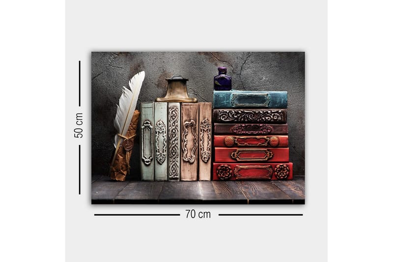 Canvastavla - Samling av antika böcker med dekorativa ryggar och en fjäderpenna - Mörkröd / Grön / Blå - Inredning - Tavlor & konst - Canvastavlor