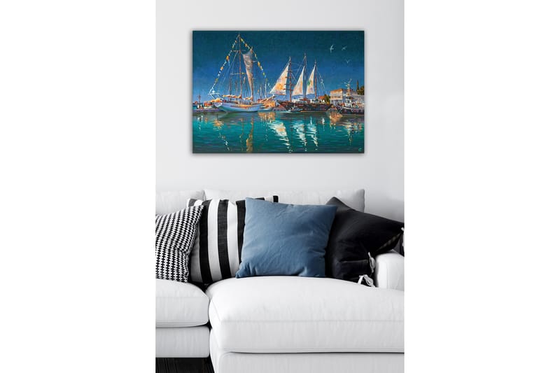 Canvastavla - Segelbåtar i en hamn under stjärnklar himmel - Mörkblå / Turkos / Vit - Inredning - Tavlor & konst - Canvastavlor