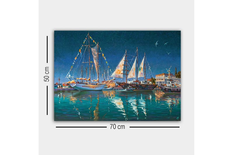 Canvastavla - Segelbåtar i en hamn under stjärnklar himmel - Mörkblå / Turkos / Vit - Inredning - Tavlor & konst - Canvastavlor