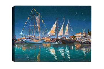 Canvastavla - Segelbåtar i en hamn under stjärnklar himmel - Mörkblå / Turkos / Vit - Inredning - Tavlor & konst - Canvastavlor