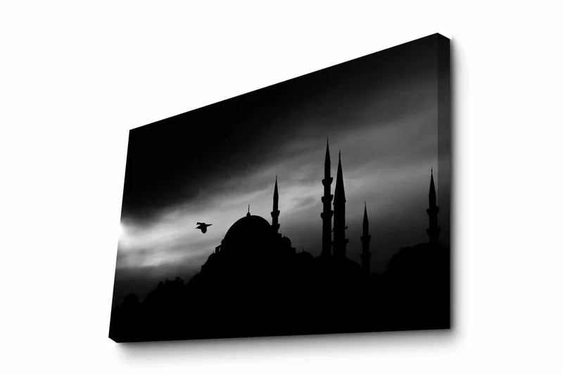 Canvastavla - Silhuett av en moské med spira i dramatisk himmel, Svart / Grå