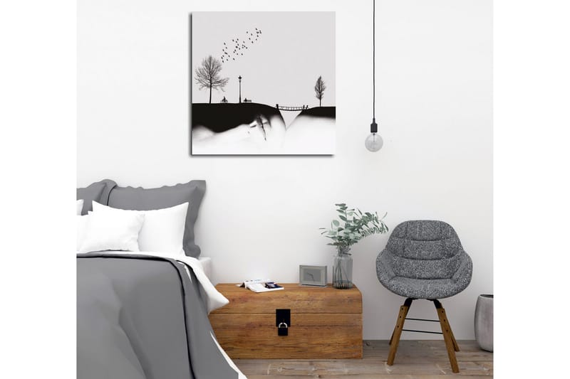 Canvastavla - Silhuett av en park med träd, bänk och fåglar i flykt - Svart / Grå - Inredning - Tavlor & konst - Canvastavlor