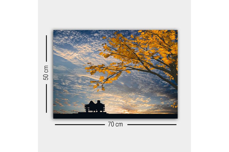 Canvastavla - Silhuett av ett par som sitter på en bänk under ett träd med gyllene höstlöv - Guld / Blå / Svart - Inredning - Tavlor & konst - Canvastavlor