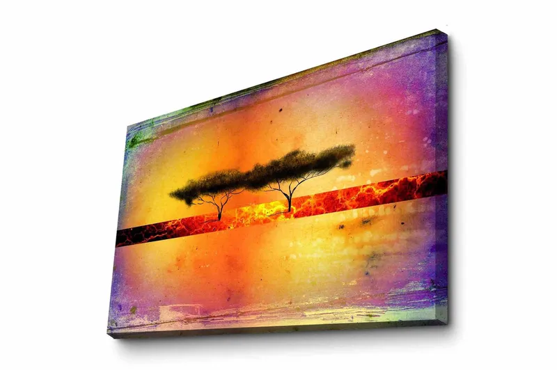 Canvastavla - Silhuett av träd mot en färgglad bakgrund, Orange / Lila / Svart