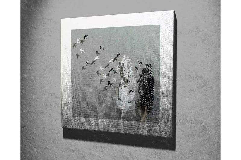 Canvastavla - Silhuetter av fåglar som flyger bort från en vas med fjädrar - Svart / Vitt / Grått - Inredning - Tavlor & konst - Canvastavlor