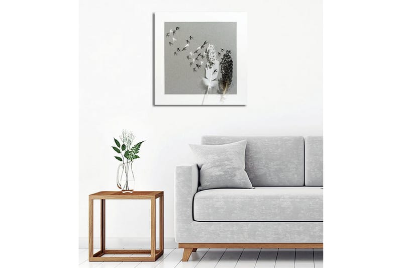 Canvastavla - Silhuetter av fåglar som flyger bort från en vas med fjädrar - Svart / Vitt / Grått - Inredning - Tavlor & konst - Canvastavlor