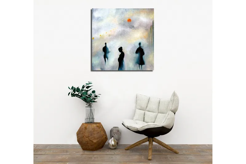 Canvastavla - Silhuetter av människor i en dimmig stadslandskap - Mörkblå / Grå / Orange - Inredning - Tavlor & konst - Canvastavlor