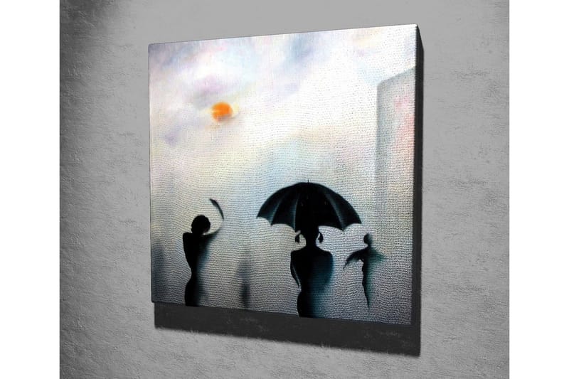 Canvastavla - Silhuetter av personer med paraplyer i en dimmig stadsmiljö - Svart / Grå / Orange - Inredning - Tavlor & konst - Canvastavlor