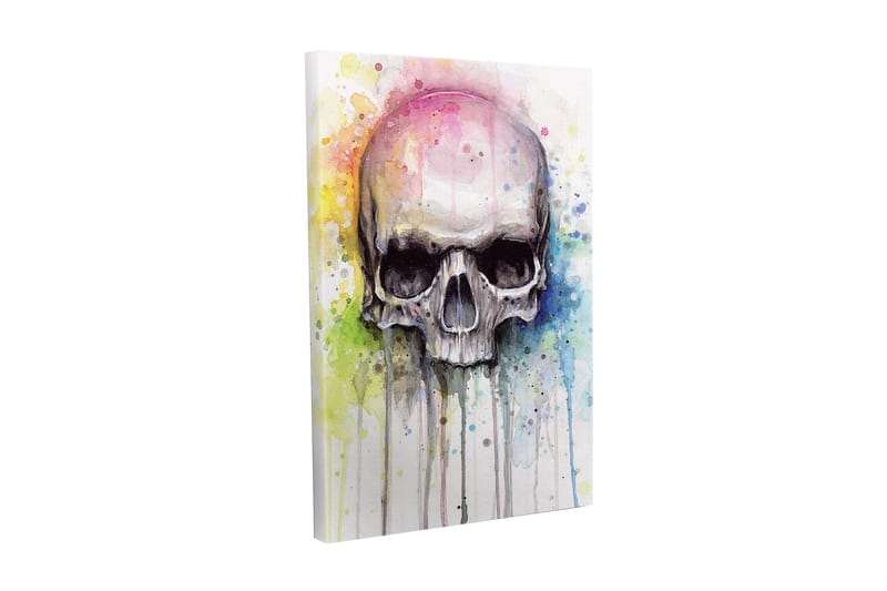 Canvastavla - Skalle med färgglada akvarellsprutningar i bakgrunden, Svart / Ljusblå / Gul