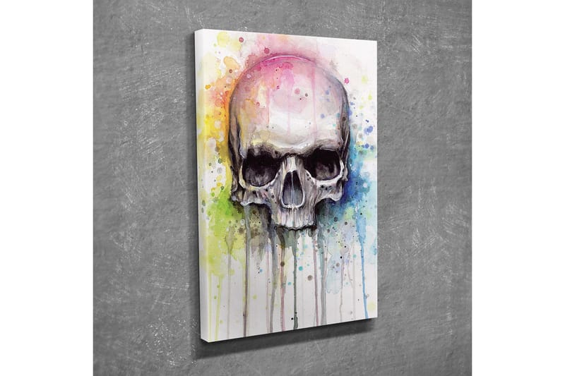 Canvastavla - Skalle med färgglada akvarellsprutningar i bakgrunden - Svart / Ljusblå / Gul - Inredning - Tavlor & konst - Canvastavlor