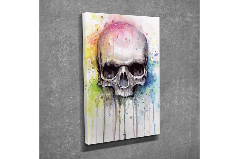 Canvastavla - Skalle med färgglada akvarellsprutningar i bakgrunden - Svart / Ljusblå / Gul - Inredning - Tavlor & konst - Canvastavlor