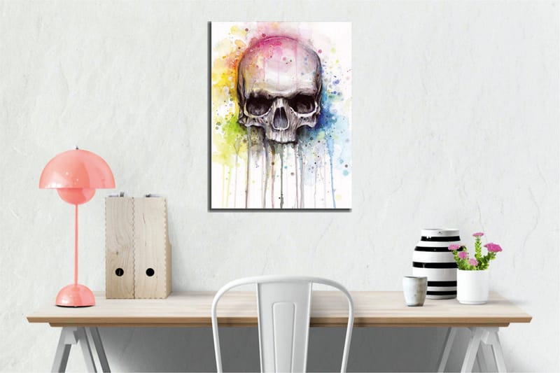 Canvastavla - Skalle med färgglada akvarellsprutningar i bakgrunden - Svart / Ljusblå / Gul - Inredning - Tavlor & konst - Canvastavlor