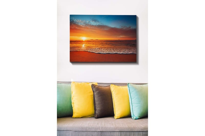 Canvastavla - Solnedgång över havet med mjuka vågor vid stranden - Orange / Blå / Beige - Inredning - Tavlor & konst - Canvastavlor
