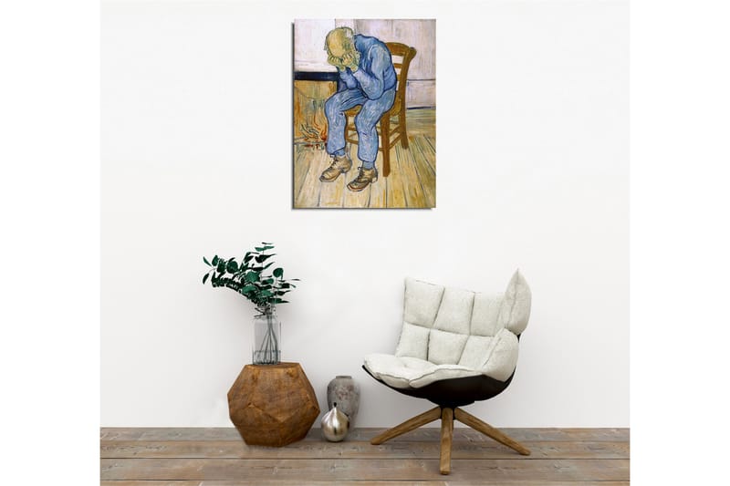 Canvastavla - Sorgsen man som sitter på en stol med huvudet i händerna - Blå / Beige / Brun - Inredning - Tavlor & konst - Canvastavlor