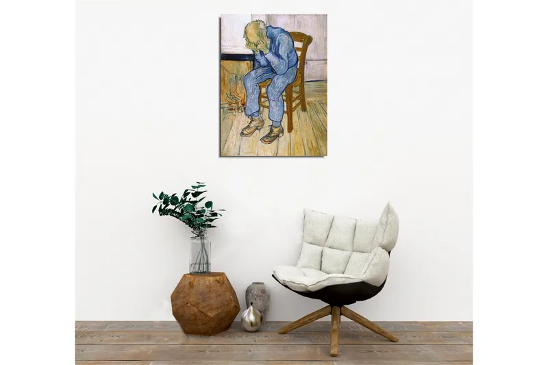 Canvastavla - Sorgsen man som sitter på en stol med huvudet i händerna - Blå / Beige / Brun - Inredning - Tavlor & konst - Canvastavlor