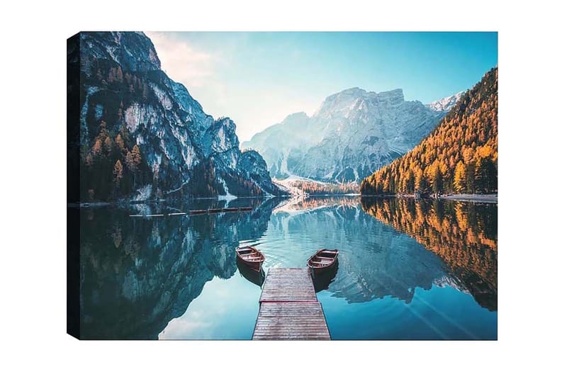 Canvastavla - Spegelblanka sjö med fjäll och höstfärgade träd, Blå / Orange / Grön