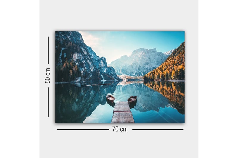 Canvastavla - Spegelblanka sjö med fjäll och höstfärgade träd - Blå / Orange / Grön - Inredning - Tavlor & konst - Canvastavlor