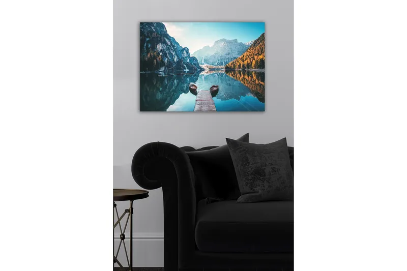 Canvastavla - Spegelblanka sjö med fjäll och höstfärgade träd - Blå / Orange / Grön - Inredning - Tavlor & konst - Canvastavlor