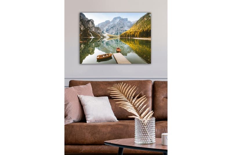 Canvastavla - Spegelblanka sjö med fjäll och höstfärgade träd - Grön / Orange / Blå - Inredning - Tavlor & konst - Canvastavlor