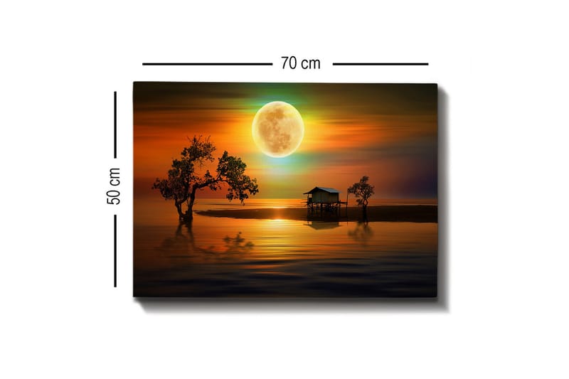 Canvastavla - Stämningsfullt landskap med en stuga vid vattnet under en stor fullmåne - Orange / Blå / Grön - Inredning - Tavlor & konst - Canvastavlor