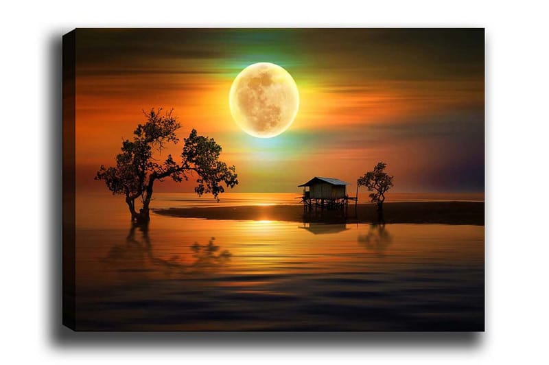 Canvastavla - Stämningsfullt landskap med en stuga vid vattnet under en stor fullmåne, Orange / Blå / Grön
