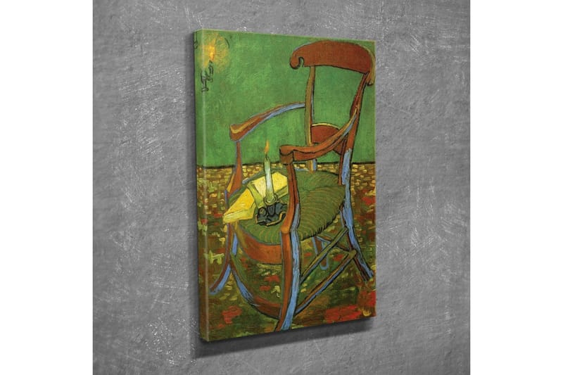 Canvastavla - Stående stol med en tänd ljusstake och en gul duk - Grön / Brun / Gul - Inredning - Tavlor & konst - Canvastavlor