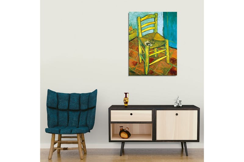 Canvastavla - Stående stol med halmsits och en liten dekoration på sitsen - Gul / Grön / Orange - Inredning - Tavlor & konst - Canvastavlor