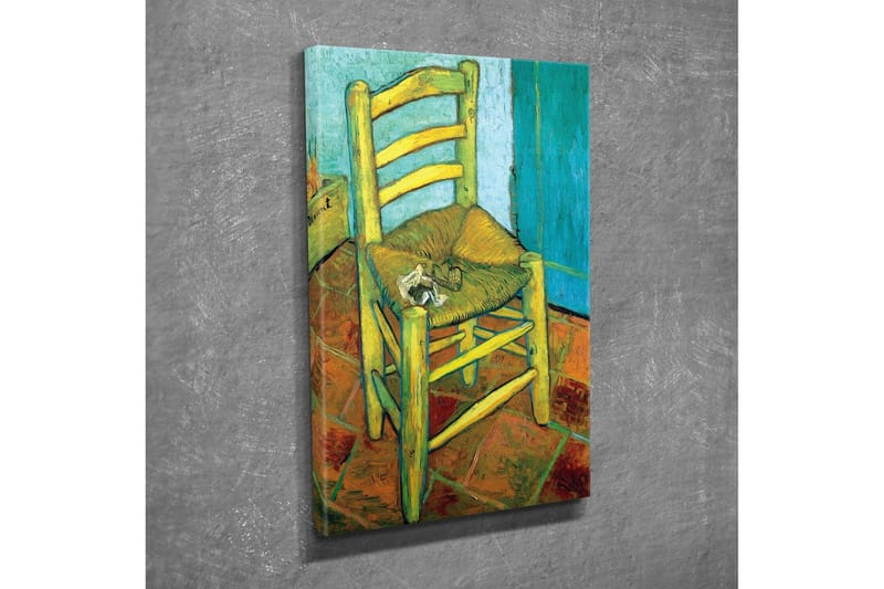 Canvastavla - Stående stol med halmsits och en liten dekoration på sitsen - Gul / Grön / Orange - Inredning - Tavlor & konst - Canvastavlor