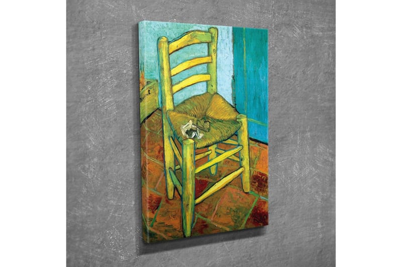 Canvastavla - Stående stol med halmsits och en liten dekoration på sitsen - Gul / Grön / Orange - Inredning - Tavlor & konst - Canvastavlor