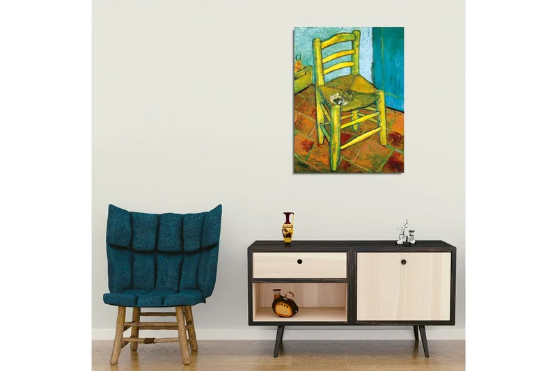 Canvastavla - Stående stol med halmsits och en liten dekoration på sitsen - Gul / Grön / Orange - Inredning - Tavlor & konst - Canvastavlor