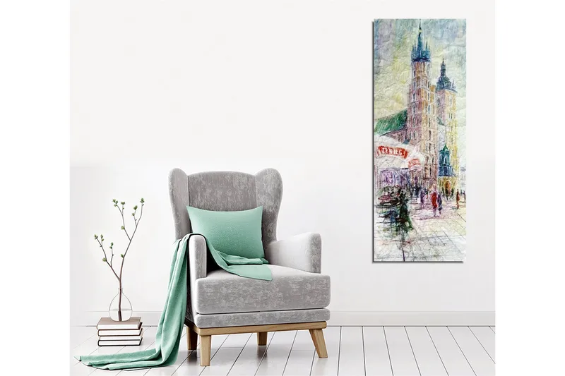 Canvastavla - Stadsscen med historiska byggnader och människor i rörelse - Ljusblå / Beige / Grön - Inredning - Tavlor & konst - Canvastavlor