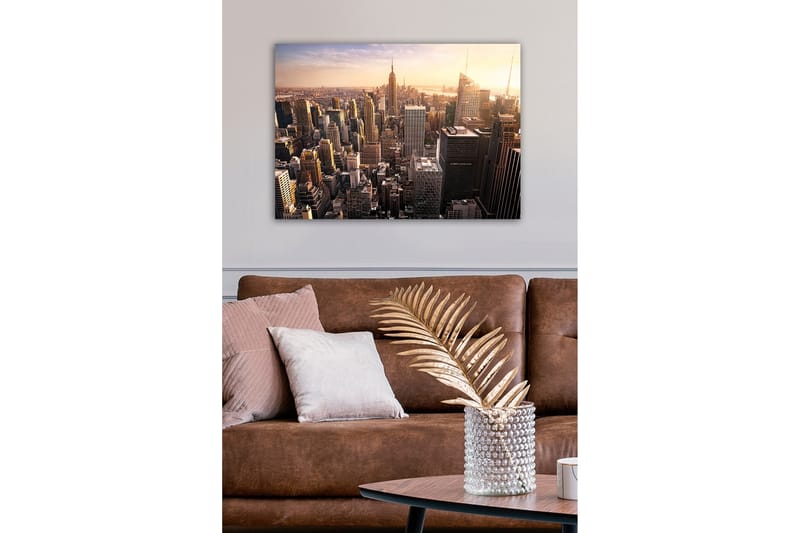 Canvastavla - Stadssilhuett av New York vid solnedgången - Guld / Grå / Blå - Inredning - Tavlor & konst - Canvastavlor