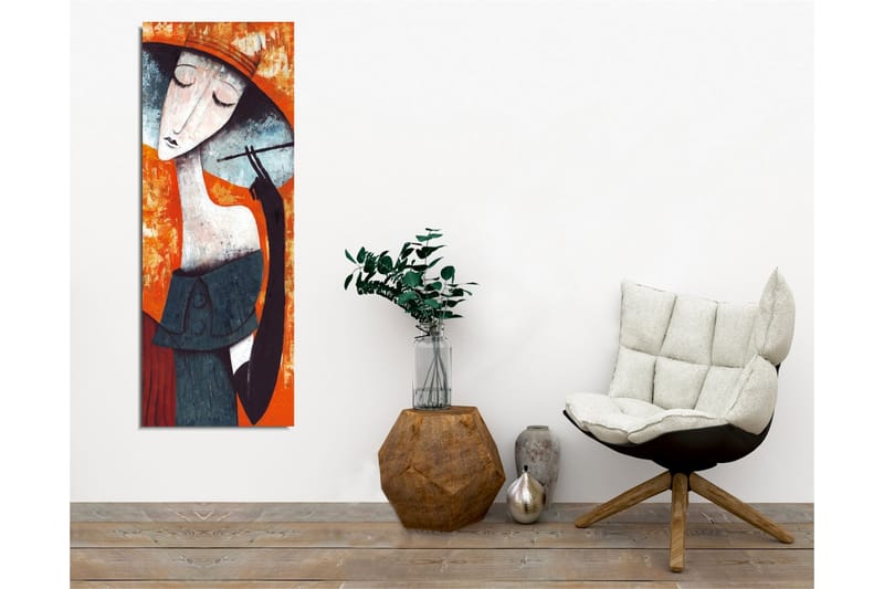 Canvastavla - Stiliserad kvinna med hatt som håller en cigarett - Orange / Mörkblå / Vit - Inredning - Tavlor & konst - Canvastavlor