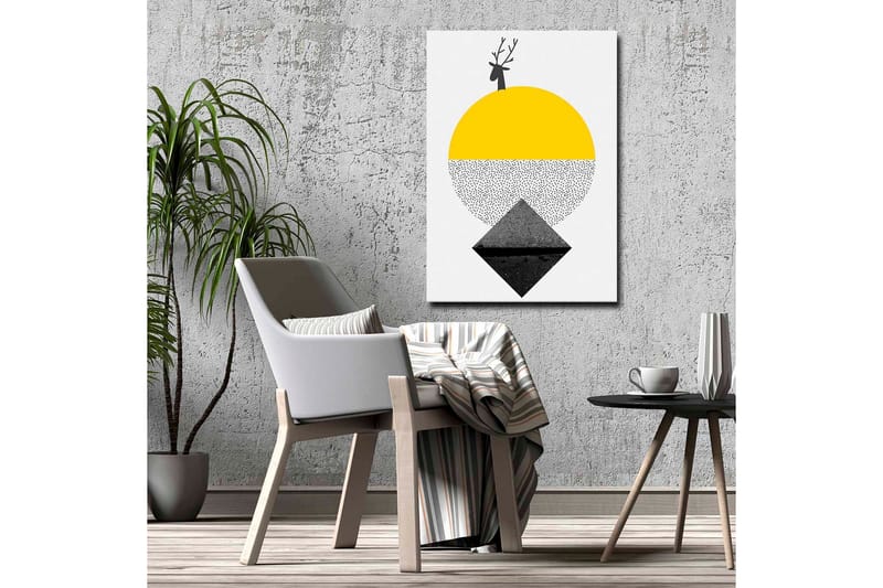 Canvastavla - Stiliserad ren med en sol och geometriska former - Gul / Svart / Vit - Inredning - Tavlor & konst - Canvastavlor