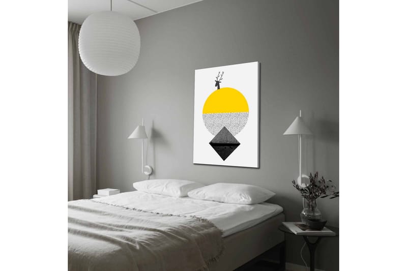 Canvastavla - Stiliserad ren med en sol och geometriska former - Gul / Svart / Vit - Inredning - Tavlor & konst - Canvastavlor