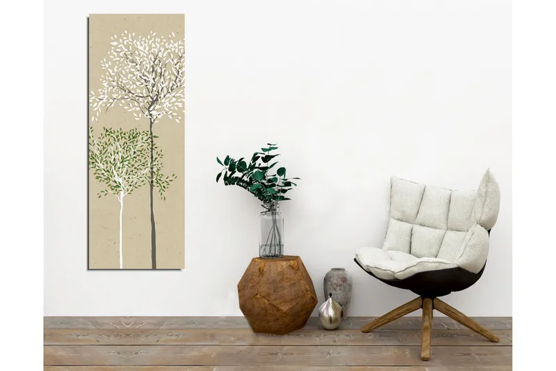 Canvastavla - Stiliserade träd med vita och gröna löv på en neutral bakgrund - Grön / Vit / Beige - Inredning - Tavlor & konst - Canvastavlor