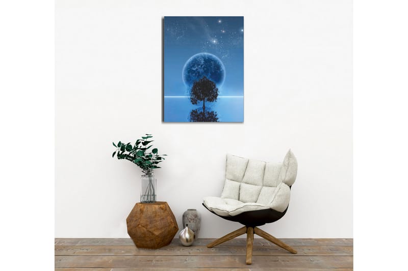Canvastavla - Stjärnklar natt med en stor måne och silhouett av ett träd vid horisonten - Mörkblå / Svart / Ljusblå - Inredning - Tavlor & konst - Canvastavlor