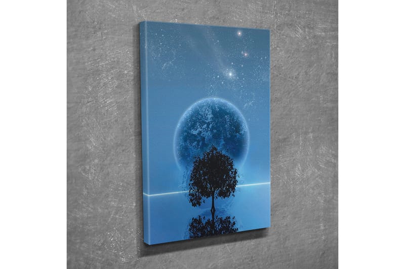 Canvastavla - Stjärnklar natt med en stor måne och silhouett av ett träd vid horisonten - Mörkblå / Svart / Ljusblå - Inredning - Tavlor & konst - Canvastavlor