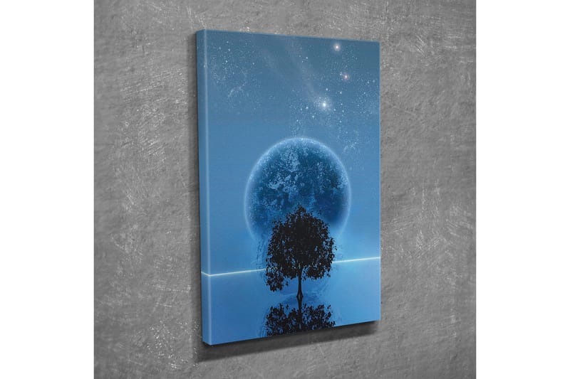 Canvastavla - Stjärnklar natt med en stor måne och silhouett av ett träd vid horisonten - Mörkblå / Svart / Ljusblå - Inredning - Tavlor & konst - Canvastavlor
