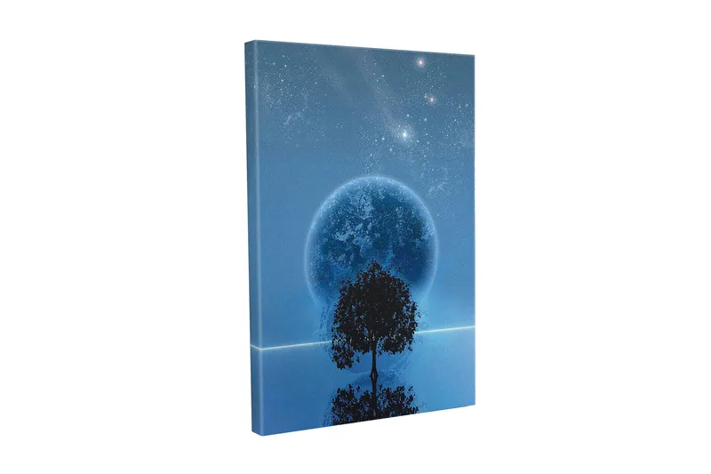 Canvastavla - Stjärnklar natt med en stor måne och silhouett av ett träd vid horisonten, Mörkblå / Svart / Ljusblå